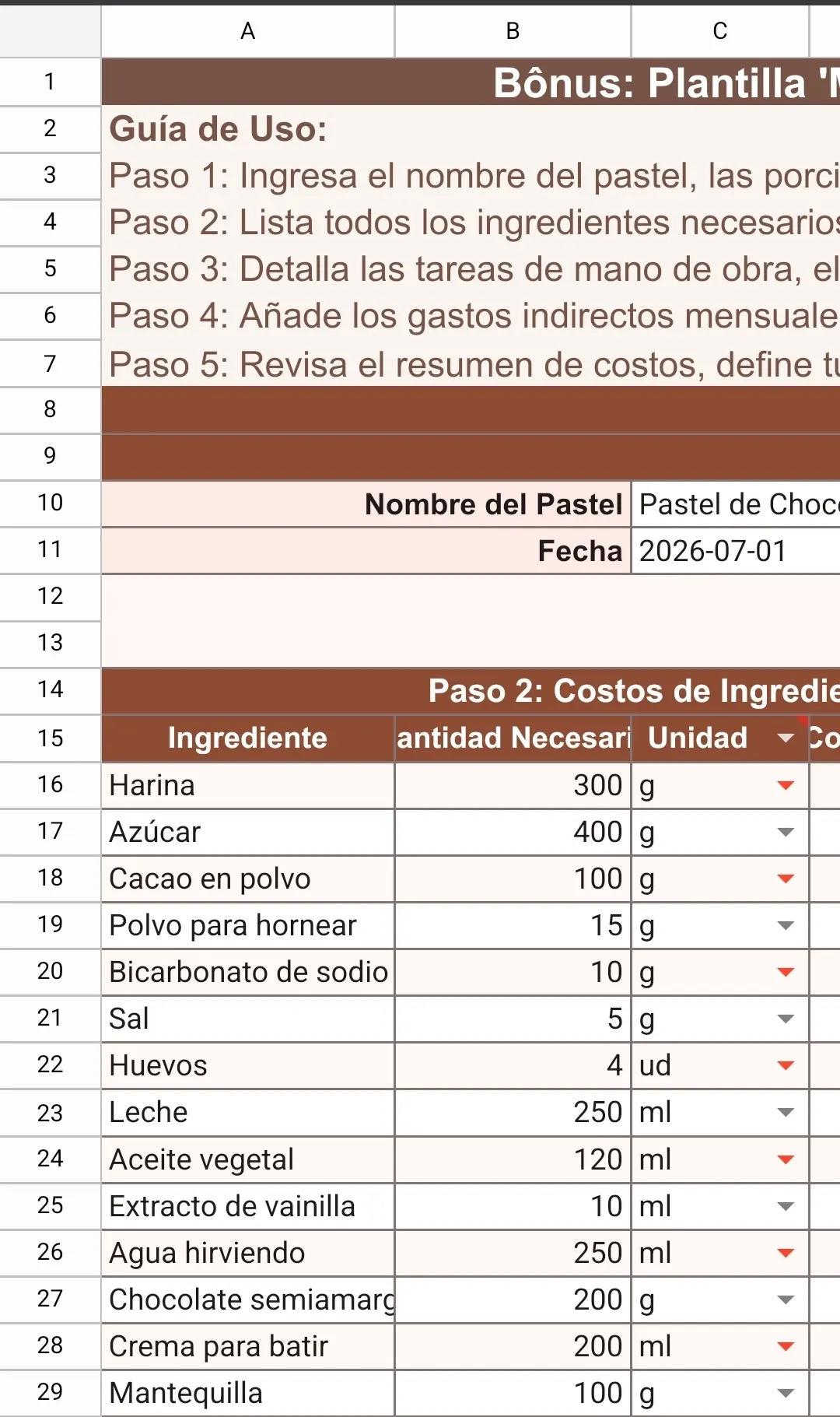 Bono — Plantilla de cálculo de costos